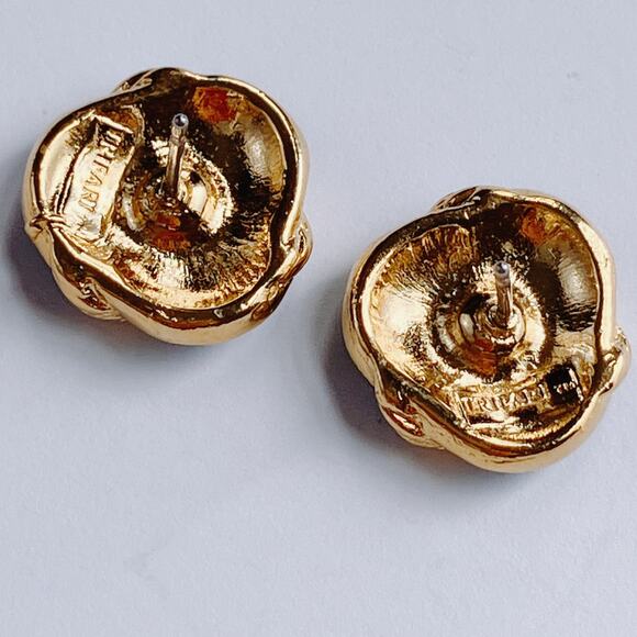 Vintage Signed Earrings Trifari Peacock Blue Enamel Gold Tone Knot Stud Posts - Picture 6 of 10